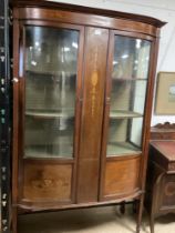 EDWARDIAN BOW FRONTED DISPLAY CABINET WITH MARQUERTY BOXWOOD DETAIL; 107 X 169CM
