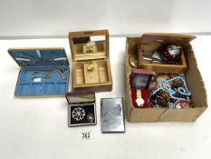 A QUANTITY OF COSTUME JEWELLERY, RONSON RED GLASS TABLE LIGHTER AND OTHER LIGHTERS, MUSICAL