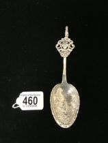 A CONTINENTAL 925 SILVER SPOON,THE BOWL EMBOSSED WITH A FIGURE IN A BOAT; MAKER B.M; 18CMS; 47 GMS.