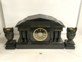 A LARGE VICTORIAN SLATE MARBLE CLOCK GARNITURE, WITH EMBOSSED METAL CLASSICAL ANCIENT GREEK SCENE