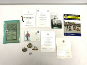 THREE MILITARY CAP BADGES, OFFICIAL PROGRAM OF THE VICTORY CELEBRATIONS 8TH JUNE 1946 AND OTHER