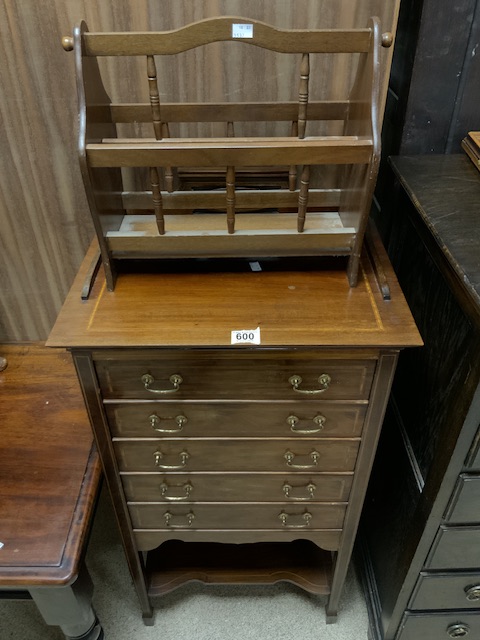 EDWARDIAN INLAID MAHOGANY MUSIC CABINET; 52X36X98 CMS AND A MAGAZINE RACK.