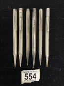 SILVER YARD O LED PROPELLING PENCIL AND FIVE OTHER SILVER PENCILS.