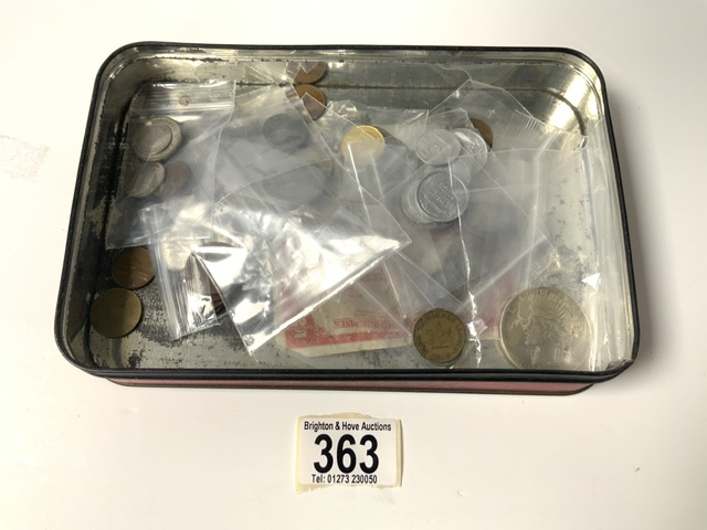 A QUANTITY OF USED WORLD COINAGE, SOME WITH SILVER CONTENT.