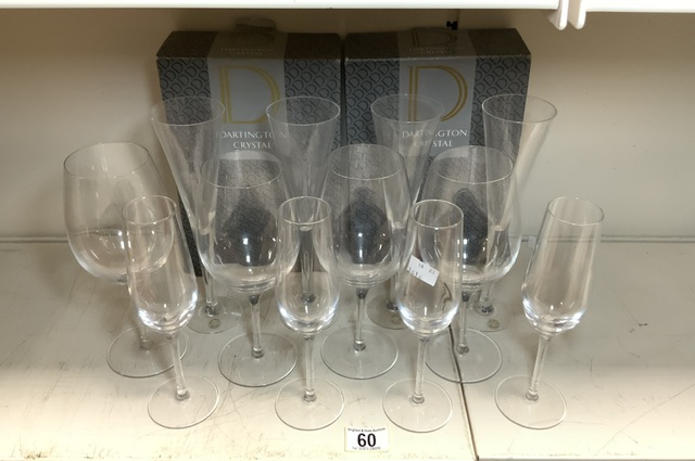 FOUR DARTINGTON CRYSTAL CHAMPAGNE FLUTES IN BOXES, FOUR MORE WITHOUT BOX AND FOUR WINE GLASSES.