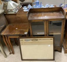 ANTIQUE OAK GLAZED CUPBOARD WITH FRAMED MIRROR, AND A NEST OF THREE MAHOGANY TABLES.