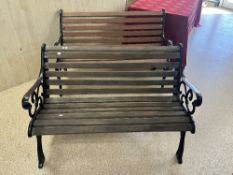 TWO PAINTED METAL-ENDED AND WOODEN SLAT GARDEN BENCHES