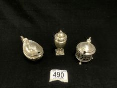 HALLMARKED SILVER BALUSTER PEPPER POT (WEIGHTED BASE), AND TWO HALLMARKED SILVER MUSTARD POTS.