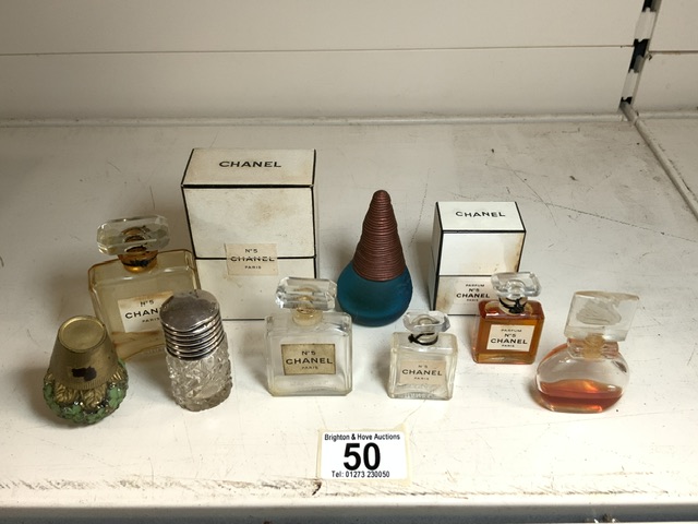 SMALL CHANEL NO 5 PARFUM UN-OPENED AND EMPTY VINTAGE PARFUM BOTTLES.