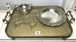 SILVER-PLATED [ WORN ] TWO HANDLED GALLERIED DRINKS TRAY, PLATED BREAD PLATE, SUGAR BOWL AND STAND.