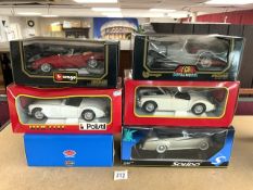 THREE BURAGO DIE-CAST MODELS OF CLASSIC CARS, 1937 JAGUAR, AND THREE OTHER MODEL CLASSIC CARS.