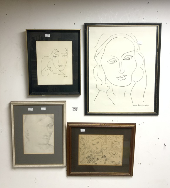PICASSO AND MATISE PRINTS WITH A SIGNED PENCIL SKETCH ALL FOUR FRAMED AND GLAZED LARGEST 44 X 53CM