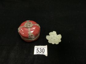 EARLY CHINESE PORCELAIN INKWELL WITH WHITE METAL MOUNTS AND A GREEN JADE PENDANT.