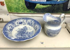 EARLY VICTORIAN BLUE AND WHITE IRONSTONE TRANSFER PRINTED WASH BOWL AND JUG.