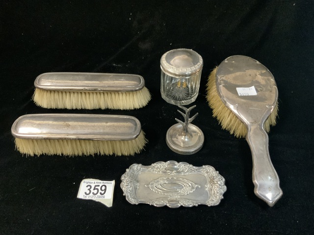 A HALLMARKED SILVER RING TREE, HALLMARKED SILVER PIN TRAY, SILVER TOP JAR AND THREE SILVER BACK