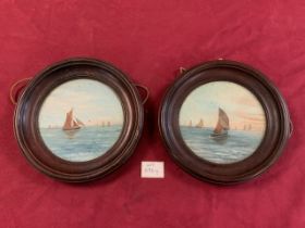 A PAIR OF SMALL CIRCULAR OILS OF SAILING BOATS, SIGNED C HALE, 16 CMS DIAMETER.