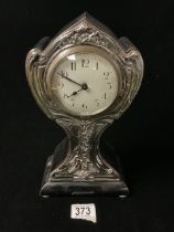 ART NOUVEAU EMBOSSED HALLMARKED SILVER FRONTED BALLOON MANTLE CLOCK; BIRMINGHAM 1911; CHARLES S