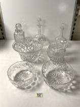 STUART CRYSTAL CUT GLASS JUG AND BASIN, 2 CUT GLASS BOWLS AND THREE CUT GLASS DECANTERS.