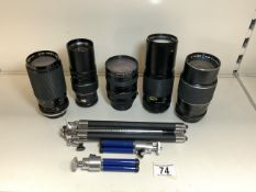 CHINON CAMERA LENSE AND FOUR OTHER CAMERA LENSES.