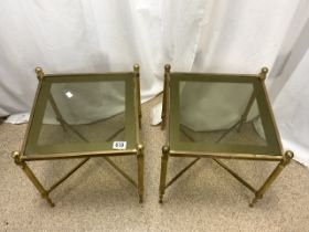 TWO BRASS AND GLASS OCCASIONAL CROSS BANDED TABLES 40 X 42CM