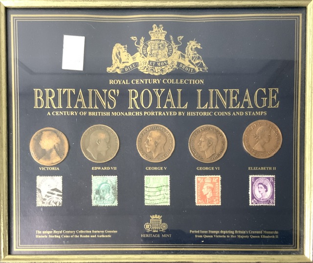 BRITAINS ROYAL LINEAGE - A CENTURY OF BRITISH MONARCHS PORTRAYED BY HISTORIC COINS AND STAMPS, IN - Image 2 of 3