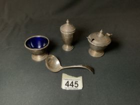 HALLMARKED SILVER THREE-PIECE CONDIMENT SET BY JOSEPH JENNENS 1919/20