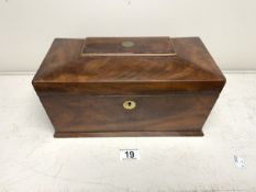 VICTORIAN MAHOGANY SARCOPHAGUS SHAPED TEA CADDY WITH BRASS LION RING HANDLES.