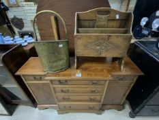 SMALL BRAKEFRONT YEW WOOD SIDEBOARD WITH MAGAZINE RACK AND BRASS COAL BUCKET