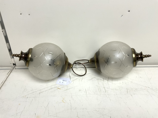 TWO SMALL METAL AND GLASS GLOBE HANGING LIGHTS. - Image 2 of 2