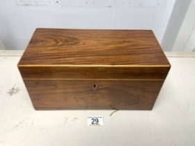 VICTORIAN ROSEWOOD AND CROSSBANDED TEA CADDY WITH COMPLETE INTERIOR, 30X15 CMS.