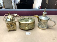 EASTERN BRASS CRICKET CONTAINER, BRASS LANTERN CLOCK WITH ELECTRIC MOVEMENT, AND TURKISH METAL JUG.