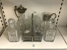 TWO GLASS CLARET JUGS, PAIR OF DECANTERS, TANTALUS AND GLASS JAR.