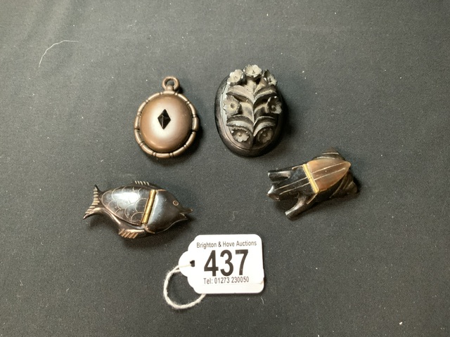 TWO HORN FISH AND FROG FORM SNUFF BOXES, VICTORIAN CARVED JET BROOCH AND LOCKET