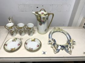 A ROYAL RUDOLSTADT FLORAL DECORATED PORCELAIN COFFEE SET AND OVAL PORCELAIN ANGEL PHOTO FRAME.