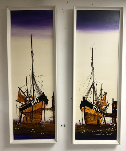 G ALLEN TWO MID-CENTURY OILS ON BOARD OF FISHING BOATS 94 X 34CM