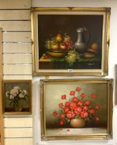 THREE STILL LIFE OIL ON BOARDS BY FRANCOISE AND EIRCH LARGEST 69 X 59CM