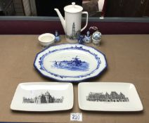 VILLEROY & BOCH COFFEE POT, SUGAR BOWL ETC, AND DUTCH FIGURE SALT AND PEPPER, AND OVAL MEAT PLATE.