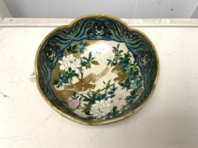 A JAPANESE SATSUMA BOWL DECORATED WITH BIRDS AND FLOWERS. 25 CMS. A/F.