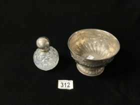 HALLMARKED SILVER PEDESTAL BOWL DATED 1904, 14CM, 185 GRAMS WITH CUTGLASS PERFUME BOTTLE, HALLMARKED