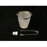 A VICTORIAN CUT GLASS ICE BUCKET, HALLMARKED SILVER HANDLE AND RIM WITH MATCHING TONGS,