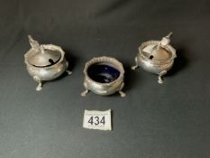 PAIR OF HALLMARKED SILVER CIRCULAR MUSTARD POTS AND MATCHING SALT WITH GADROONED BORDERS RAISED ON