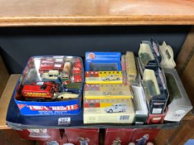 DINKY AND CORGI PLAY WORN TOY BUSES ETC, AND BOXED VANGUARD CARS, MODELS OF YESTERYEAR AND MORE.