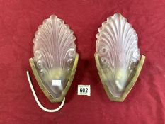 PAIR OF ART DECO STYLE BRASS AND GLASS WALL LIGHTS 31CM