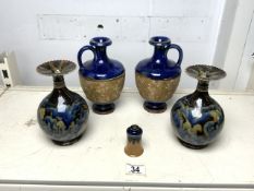 A PAIR OF DOULTON STONEWARE VASES BY FRANK BUTLER, 17 CMS, A PAIR OF DOULTON SILICON JUGS AND A