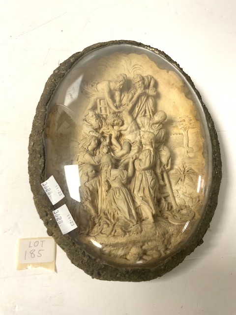 OVAL PLASTER RELIQUARY - ' THE ADORATION OF CHRIST ' IN DOMED GLASS FRAME, 30X23 CMS.