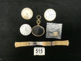 THREE POCKET WATCH MOVEMENTS AND A RADO WATCH STRAP.