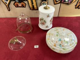 ETCHED GLASS BELL SHAPED HANGING LIGHT AND TWO OTHER GLASS CEILING LIGHTS.