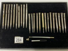 TRAY OF SILVER-PLATED AND WHITE METAL AND THREE STERLING SILVER PROPELLING PENCILS ETC.