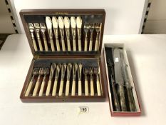 SET OF TWELVE PLATED FISH KNIVES AND FORKS IN WALNUT CASE AND A 3-PIECE CARVING SET (CASED)