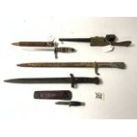 THREE BAYONETS, A SMALL DAGGER AND AN ORNAMENTAL KNIFE.